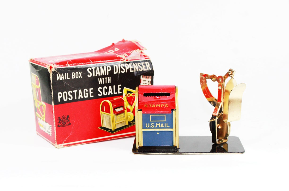 Vintage Postal Scale and Stamp Dispenser Tin Mailbox