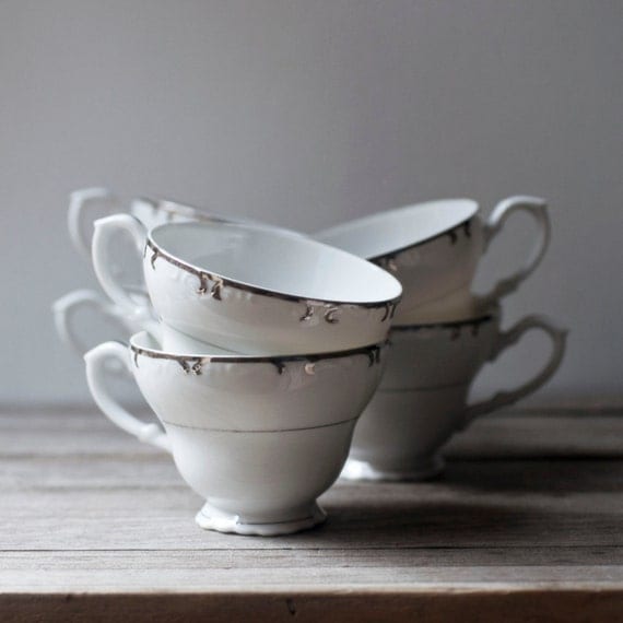 set of tea cups white with silver scalloped trim