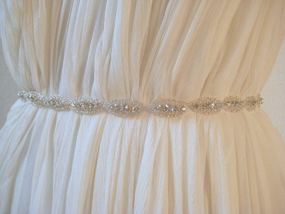 Bridal Oval Slim Crystal Sash. Beaded Rhinestone Ribbon
