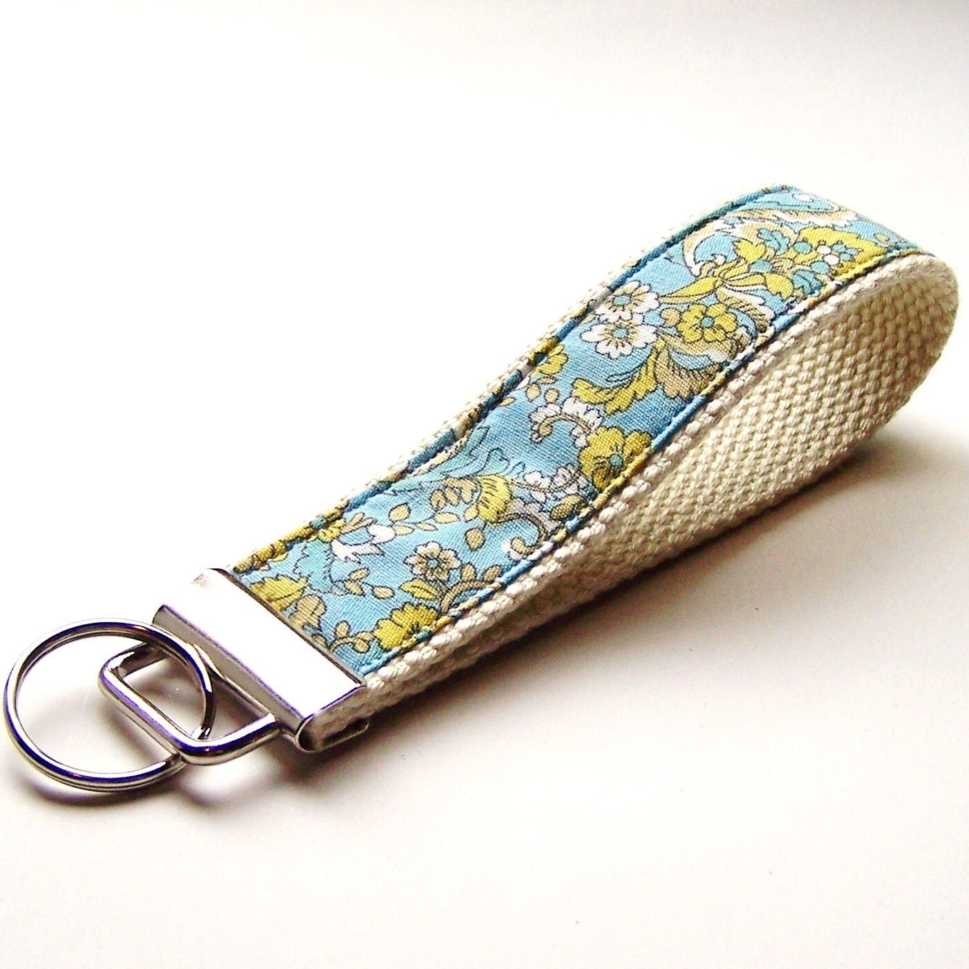 Fabric Wrist Key Chain Sky Blue And Yellow Floral By Redbrella