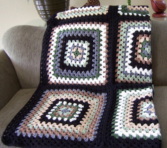 afghan crochet granny square earth tones green brown beige