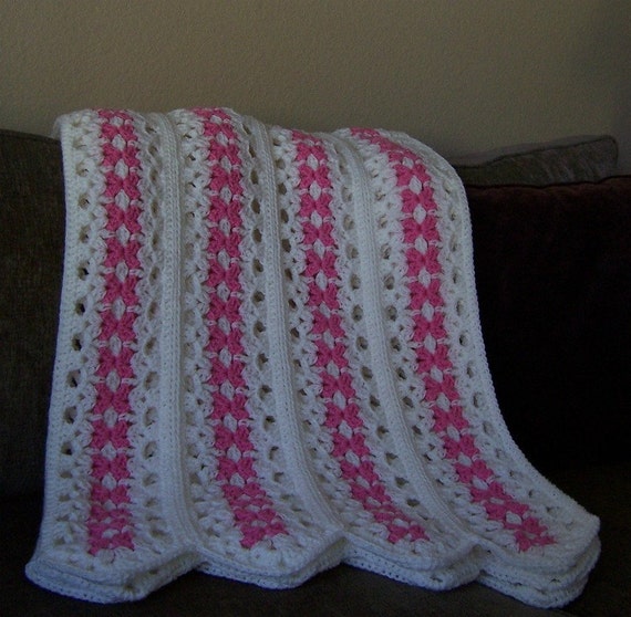 Items similar to breast cancer, pink, white, stripe, crochet blanket