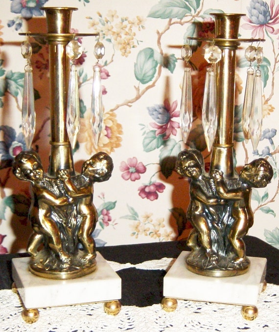 SALE Cherub Candle Holders Candelabra Antique Brass Marble