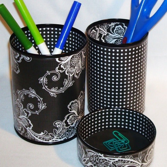 Black and White Lace and Dots Pencil Holder Desk Accessory Set