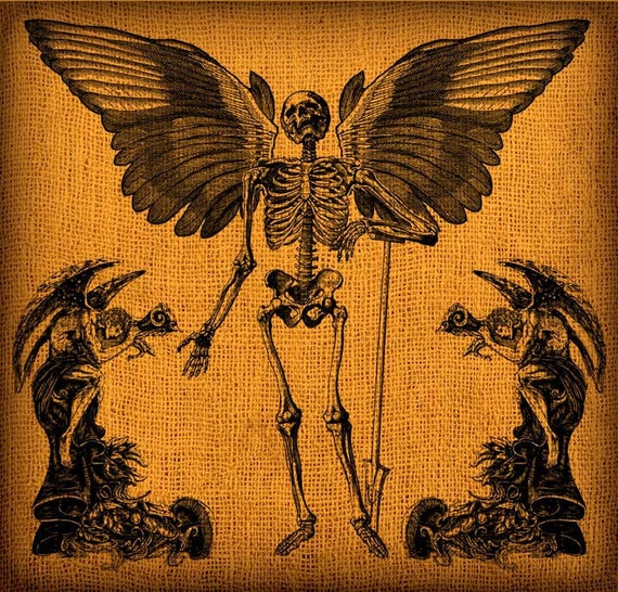 Halloween Winged Skeleton With Demon Angels Vintage Digital