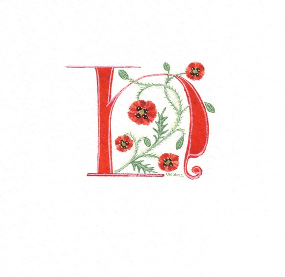Initial letter 'H' in red with poppies custom initial