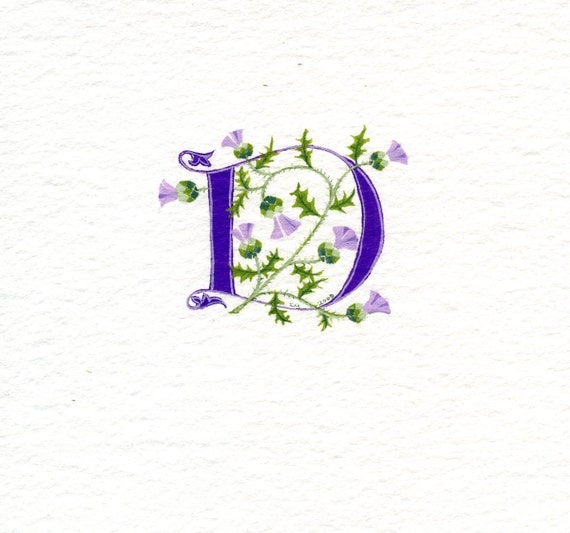 Initial letter 'D' in purple with Scots thistles