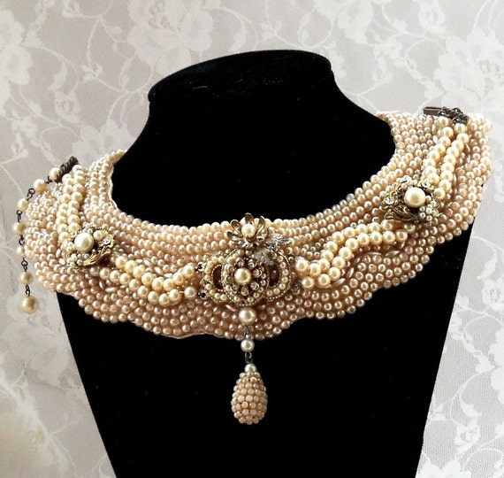 Beaded Bib Bridal Necklace Vintage faux pearl by HopscotchCouture