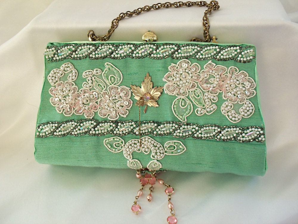 Mint green bag vintage evening beading by HopscotchCouture on Etsy