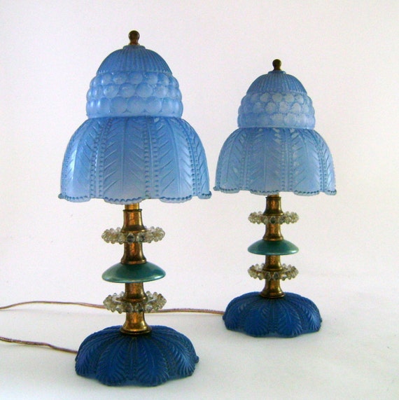 Vintage Blue Glass Bedside Lamps / Glass Shades by whipowill