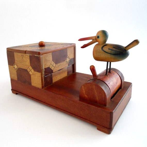 Vintage Wood Cigarette Dispenser Box with Bird