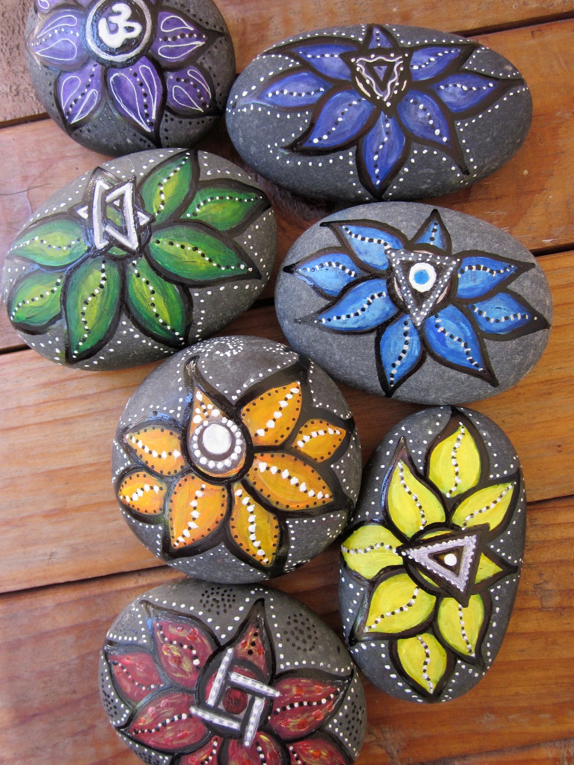 Lotus Stone Chakra Series of 7 hand painted river sea rock