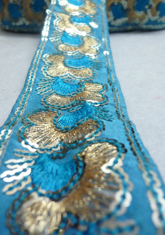 Turquoise and Gold embroidered sequined fabric trim 2 by Zazuta