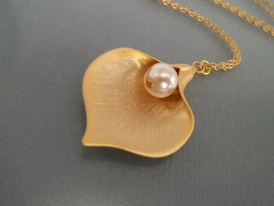 Calla Lily Jewelry in Gold Wedding Necklace by LadyKJewelry
