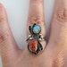 Navajo Sterling silver coral, Turquoise, flower and scroll ring size 5.25 (1970s)