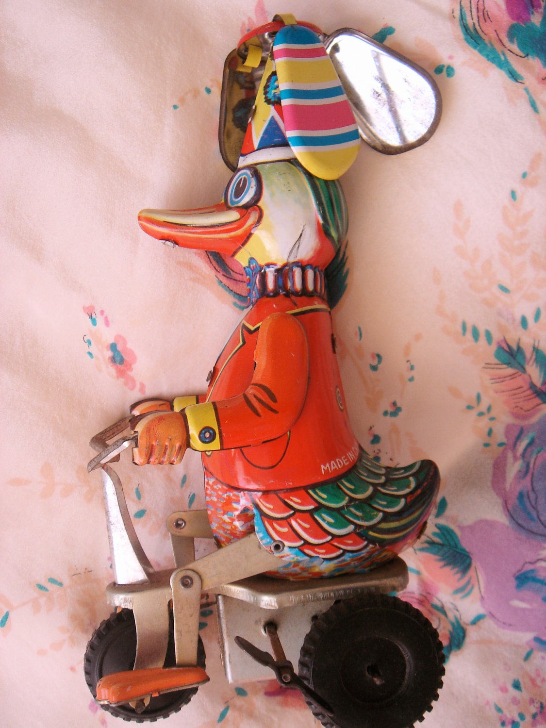 Vintage Mechanical Toy Tin Duck on Bike