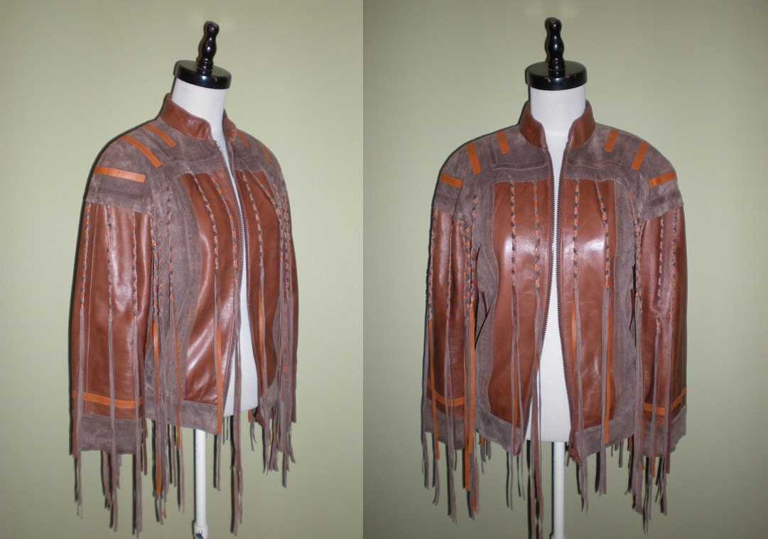 FRINGED Leather JACKET Southwest Boho Rocker Coat Brown
