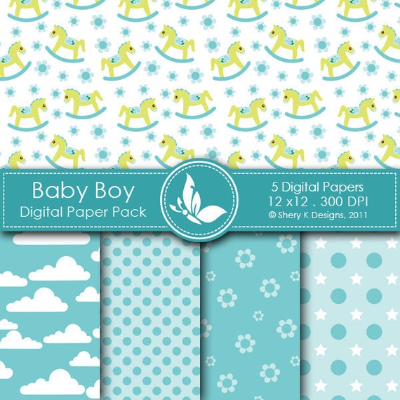 Items similar to Printable Baby Boy Paper Pack - 5 Digital papers - 12 ...