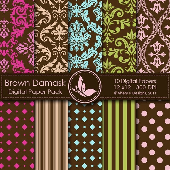 Brown Damask Paper Pack 10 Printable Digital papers 12 x12