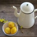 French vintage light yellow Coffee Pot, shabby chic white, Vintage French Enamelware Coffeepot