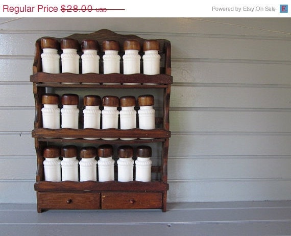ON SALE Vintage Spice Rack Retro Wood and Milk Glass Spice