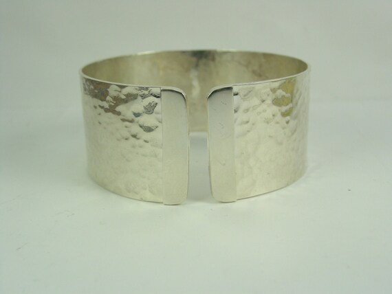 silver hammered bangle or cuff bracelet with10 k gold
