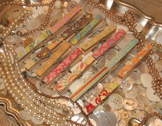 14 Decoupaged Glittered Clothes Pins Shabby Chic Set