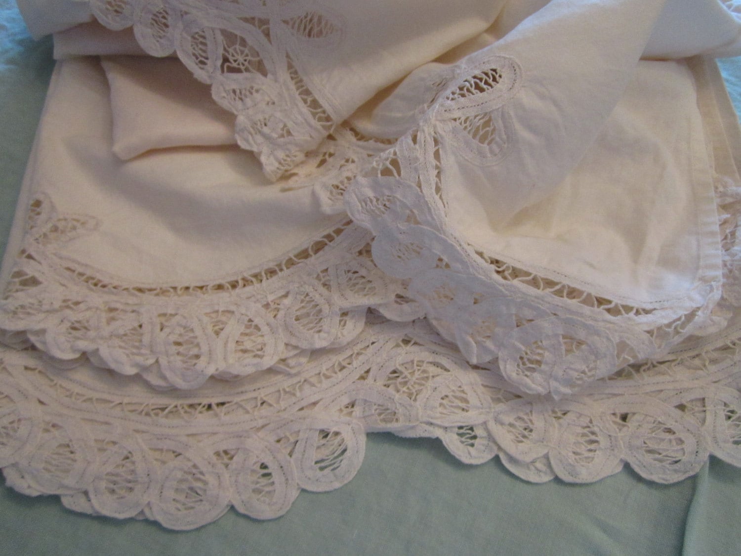 Queen size white bed skirt in battenburg lace