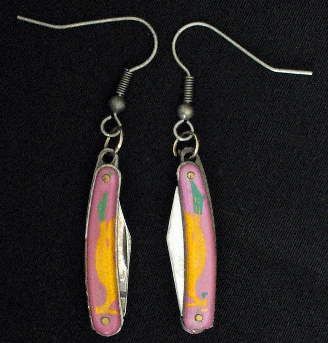Vintage Miniature Folding Knife Earrings Pink with Yellow