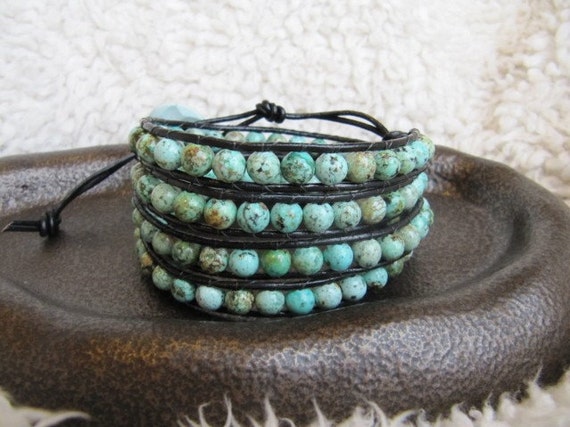 Beaded Leather Wrap Bracelet with African Turquoise Gemstones