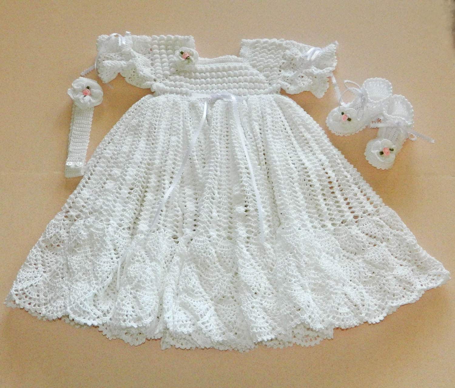 White Crochet Christening Gown with White by CherryHillCrochet