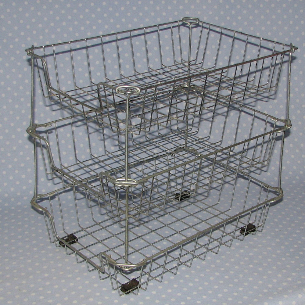 Vintage Office Wire Basket Paper Tray Stacking Triple Decker