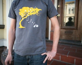 Mens birds bicycle and tree t shirt- american apparel asphalt gray- available in S, M, L and XL, XXL- Worldwide Shipping
