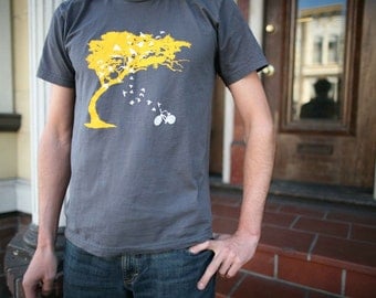 Mens birds bicycle and tree american apparel asphalt gray t shirt gray- available in S, M, L and XL, XXL- WorldWide shipping