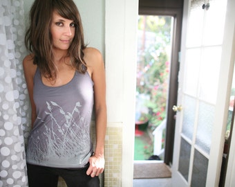 womens racerback tank top, grass nature print- American Apparel asphalt gray- available in xxs ,xs ,s, m- WORLDWIDE SHIPPING