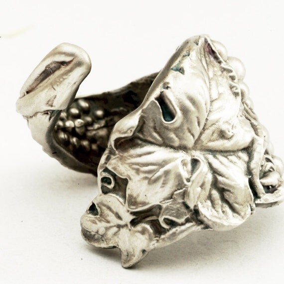 Grape Leaves and Grapes Sterling Silver Spoon Ring Handmade