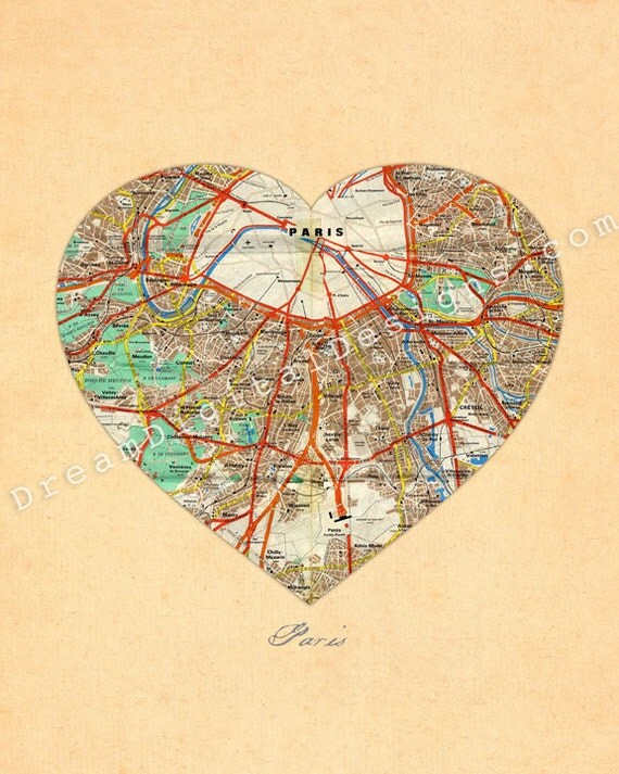 Paris Map Wall Art Print 8 x 10 Vintage City Map Heart Map