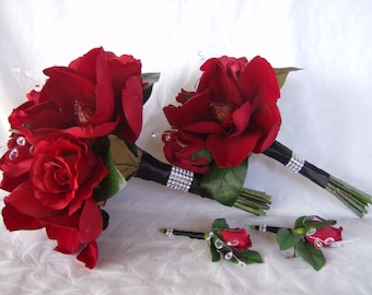 Bridal bouquet 4 piece set red roses red magnolias wedding bouquet