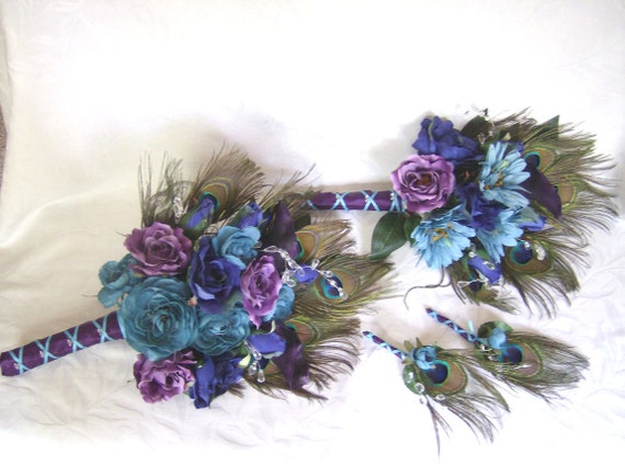 hairdressing silk and feather eggplant set bouquet flowers bridal boutonniere silk