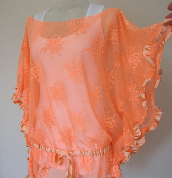Items similar to Neon orange sheer blouse cover up-lace tunic-swimsuit ...
