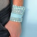 eco bracelet - teal checkered wrist cuff - shabby chic - lace details - white textured brooch