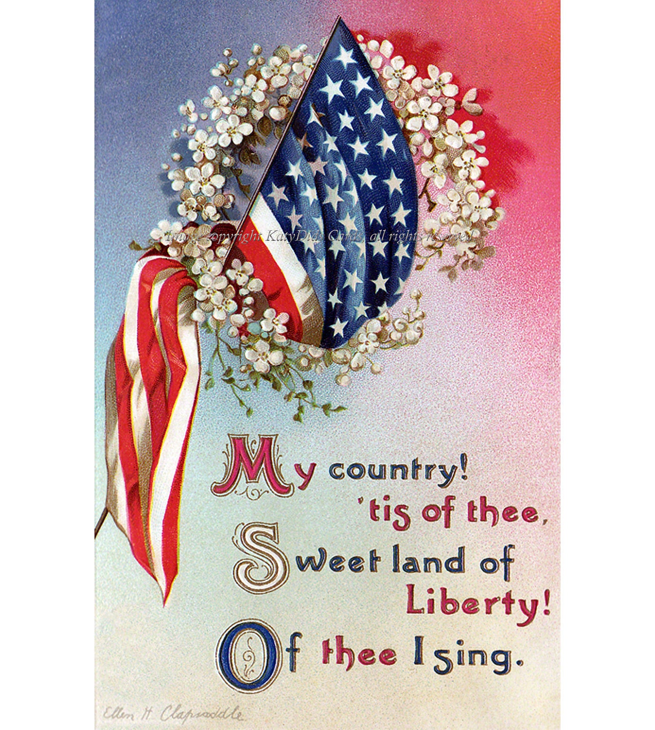 Fourth of July Greeting Card Patriotic Flag Repro Ellen