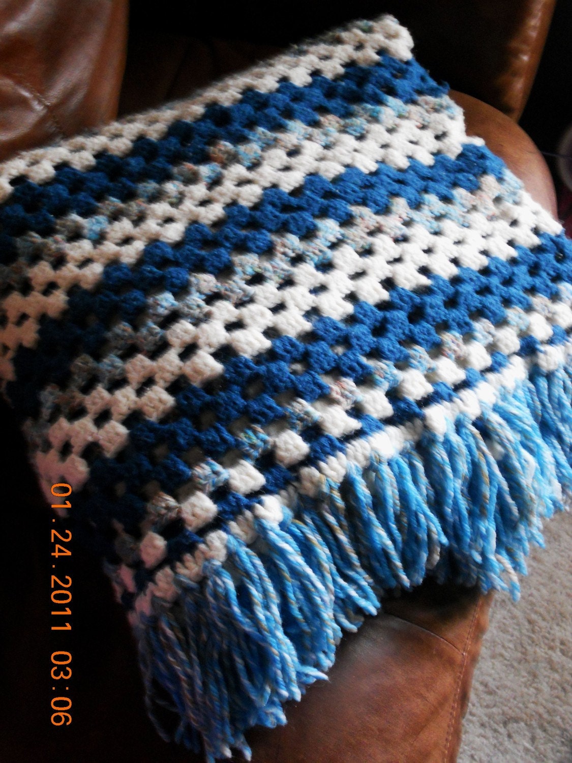 Blue fringe crocheted blanket ON HOLD FOR NxtStep