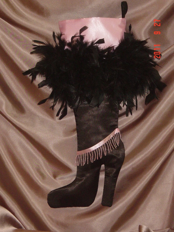 Designer High Heel Christmas Stocking Boot in Black and Pink