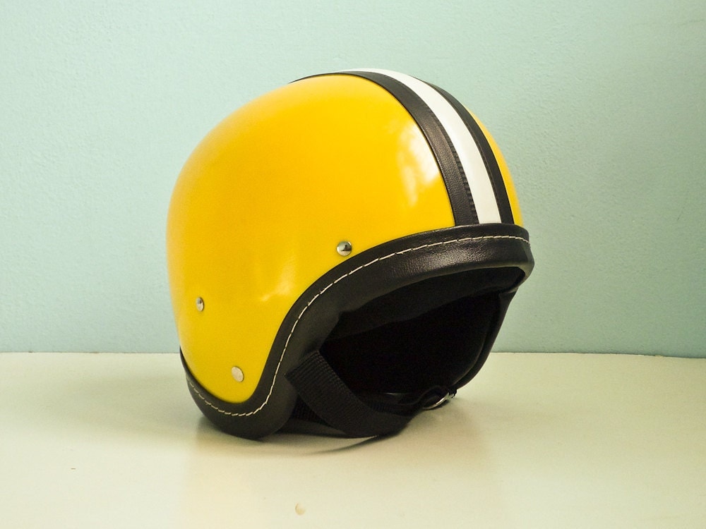 Vintage motorcycle helmet yellow black white stripe deadstock