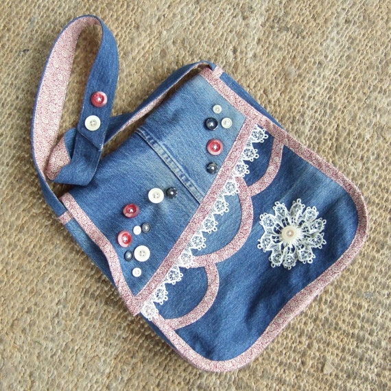 Items similar to Blue denim Bag with red and cream floral pattern ...