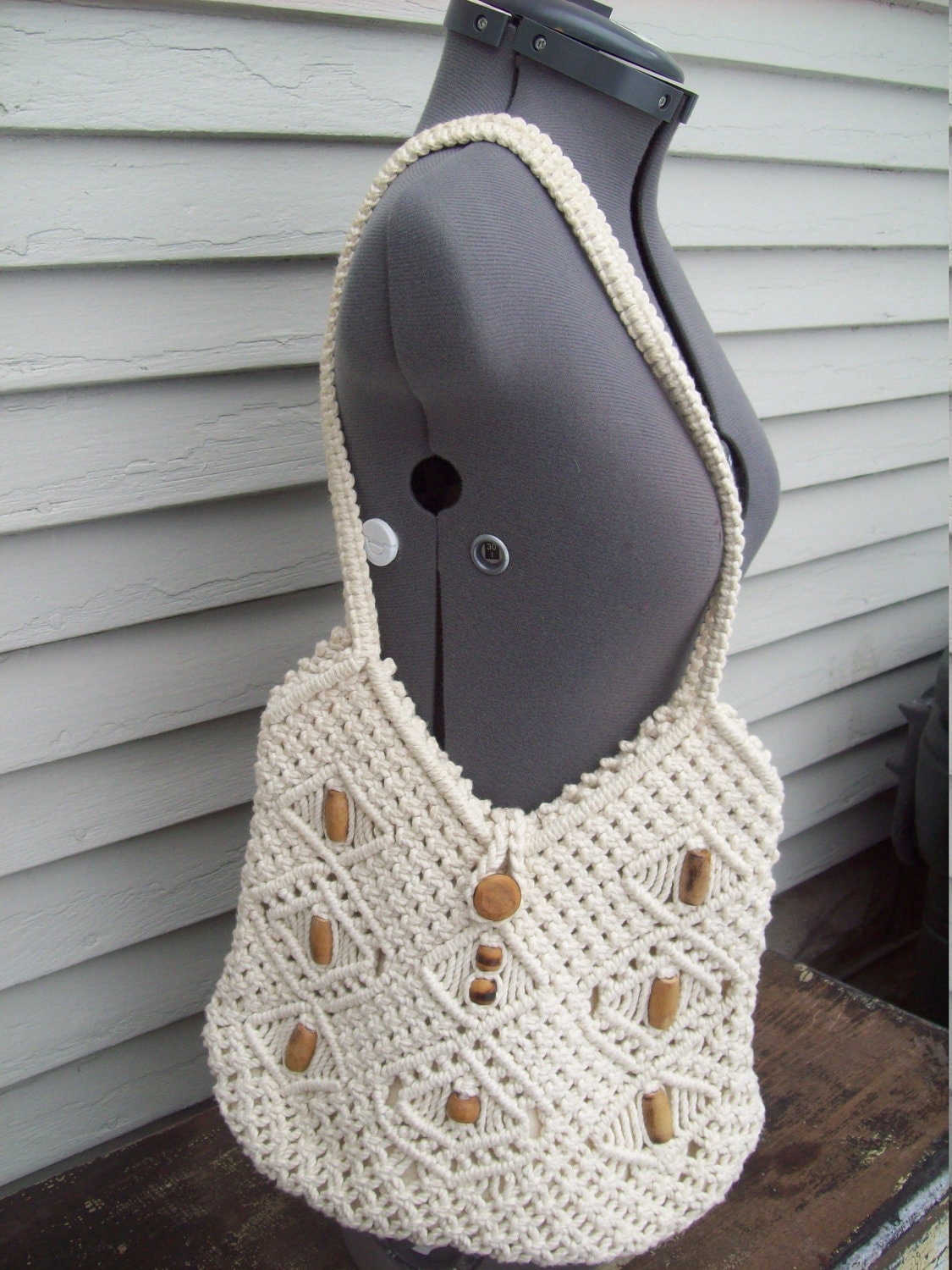 Large Macrame Purse With Wood Beads