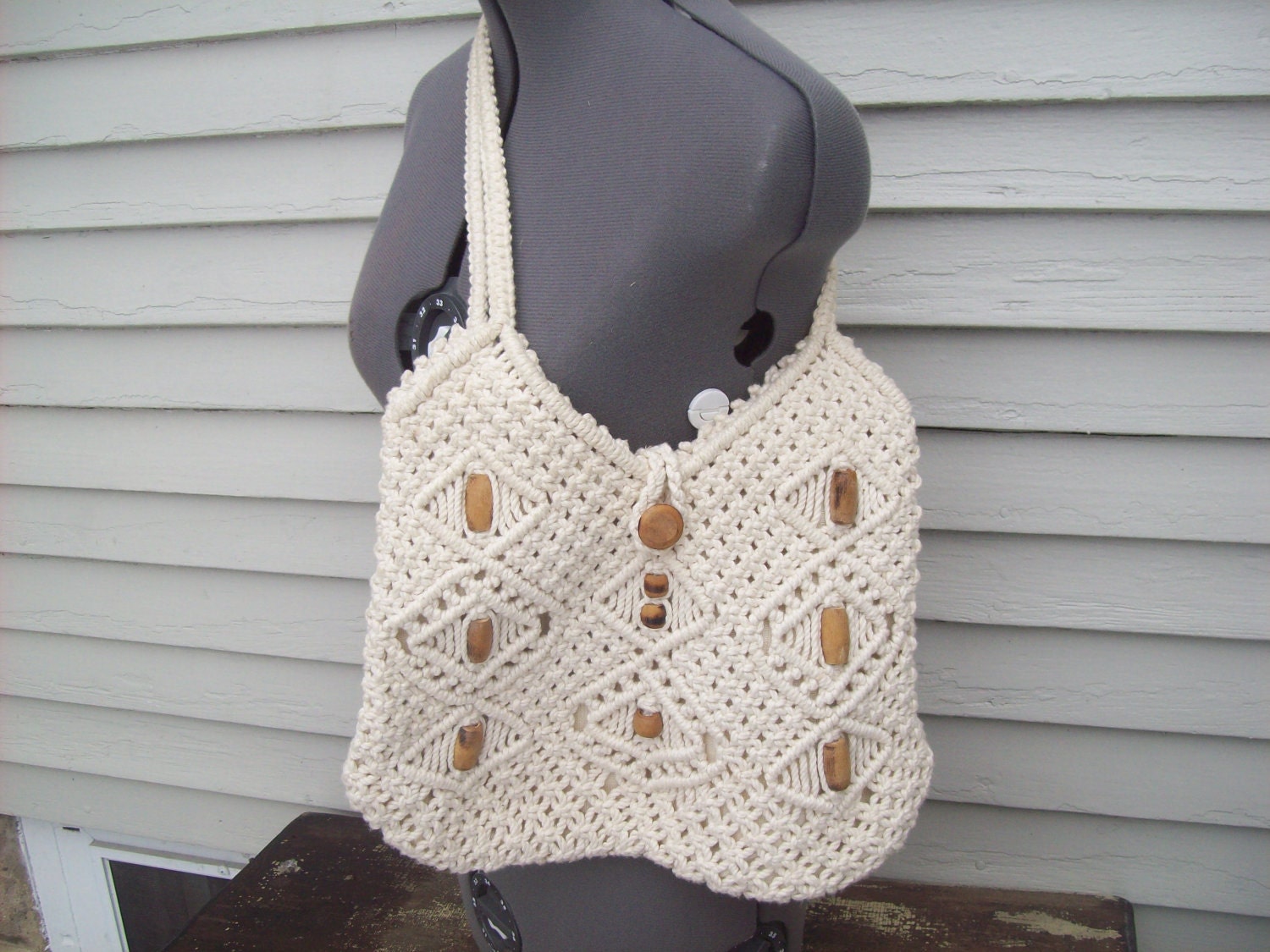 Large Macrame Purse With Wood Beads