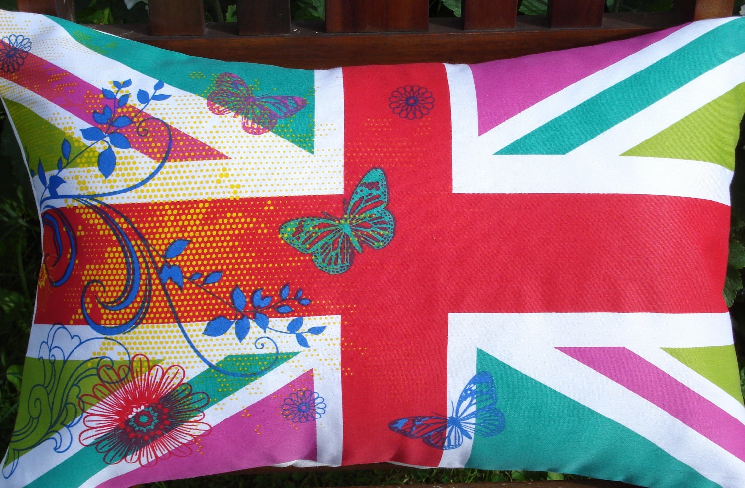 Lumbar pillow Union jack pink green red flowers by IconicPillows