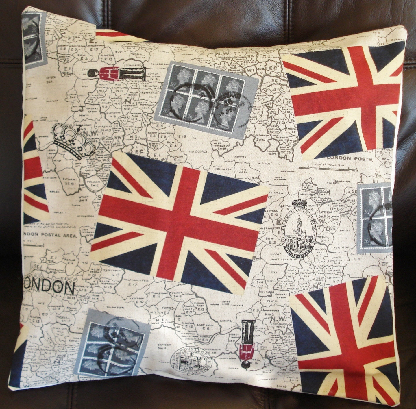 Items similar to Throw Pillow London Union jack stamps Royal Mail UK ...